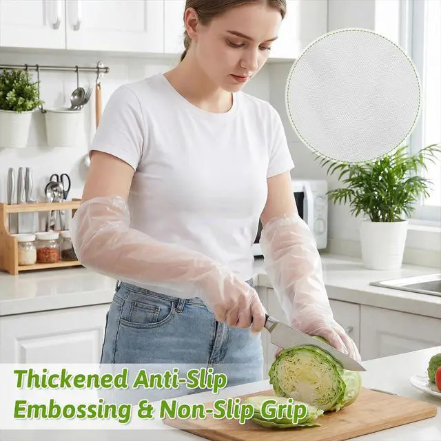 Alt view image 6 of 7 - 200 Pcs Long Sleeve Cleaning Gloves, Reusable & Waterproof Protective Rubber Gloves Elbow Length Long Plastic Glove for Household Duties, Kitchen, Dishwashing, Gardening - 22 Inch