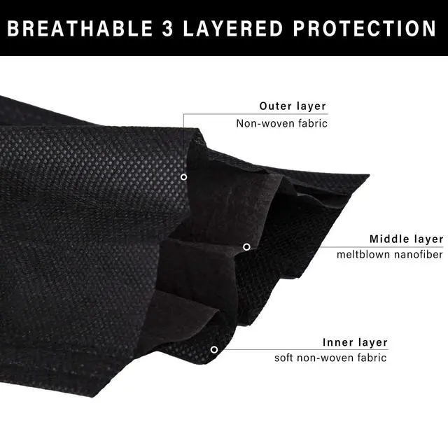 Alt view image 2 of 7 - Black Disposable Face Mask 50 Pcs Black Face Masks 3 Ply Protection Masks