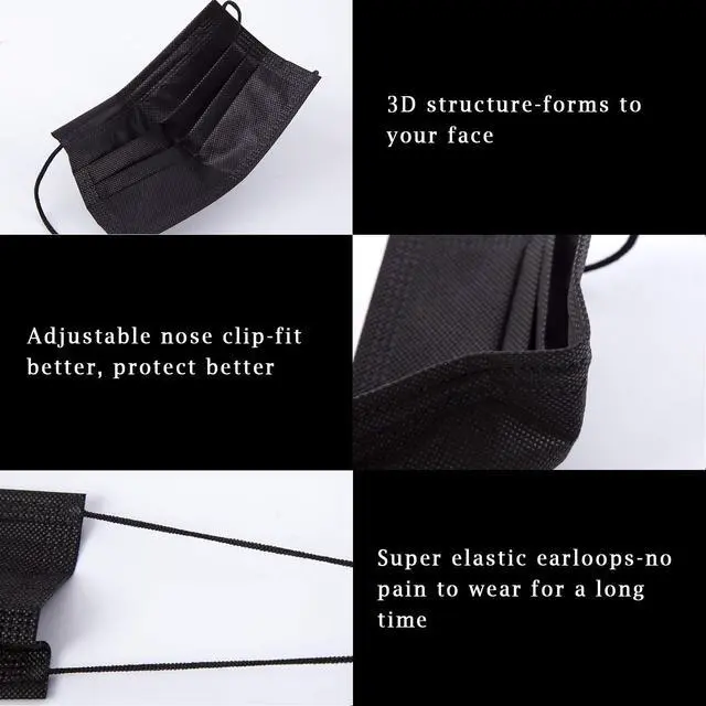 Alt view image 3 of 7 - Black Disposable Face Mask 50 Pcs Black Face Masks 3 Ply Protection Masks