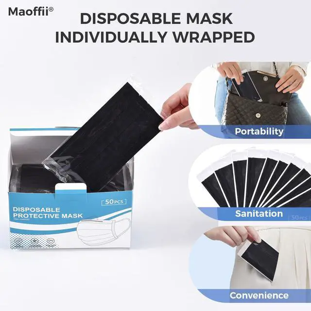 Alt view image 3 of 7 - 4Ply Individually Wrapped Disposable Black Face Masks White Inside