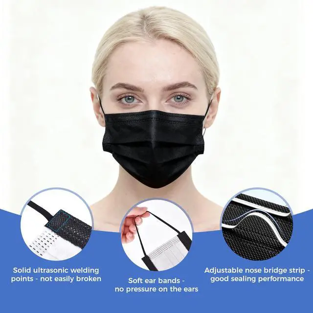 Alt view image 4 of 7 - 4Ply Individually Wrapped Disposable Black Face Masks White Inside
