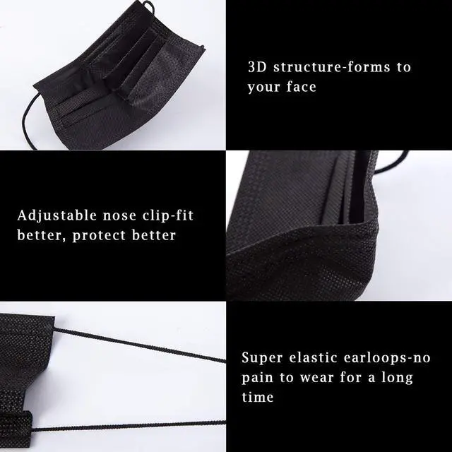 Alt view image 3 of 6 - 200 PCS Black Disposable Face Mask 3 Ply Protection Face Masks
