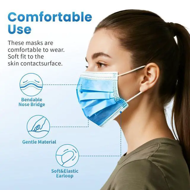 Alt view image 3 of 7 - Blue Disposable Face Mask 100 Pcs Blue Face Masks 3 Ply Protection Masks