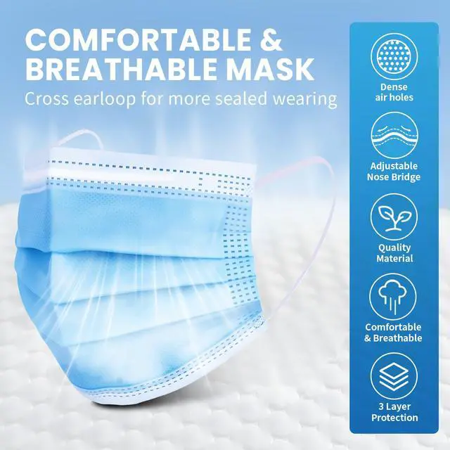 Alt view image 5 of 7 - Blue Disposable Face Mask 100 Pcs Blue Face Masks 3 Ply Protection Masks