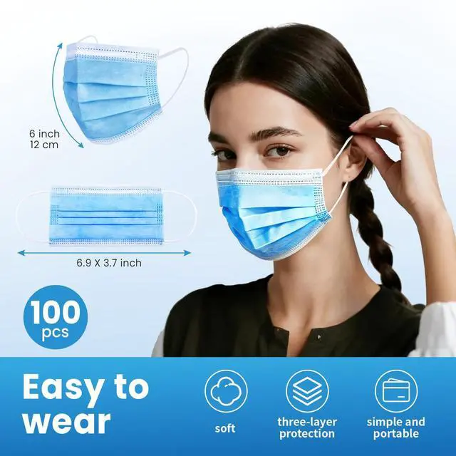 Alt view image 4 of 7 - Blue Disposable Face Mask 100 Pcs Blue Face Masks 3 Ply Protection Masks