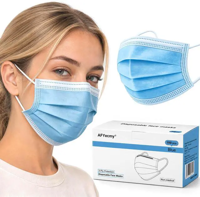 Main image of Disposable Face Masks 100 Pack, 3-Ply Breathable Masks with Soft Comfortable Earloops, Adjustable Nose Clip for Office, Travel, School & Public Use, Blue