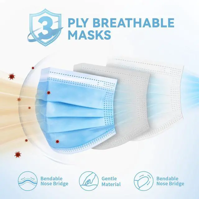 Alt view image 3 of 7 - Disposable Face Masks 100 Pack, 3-Ply Breathable Masks with Soft Comfortable Earloops, Adjustable Nose Clip for Office, Travel, School & Public Use, Blue