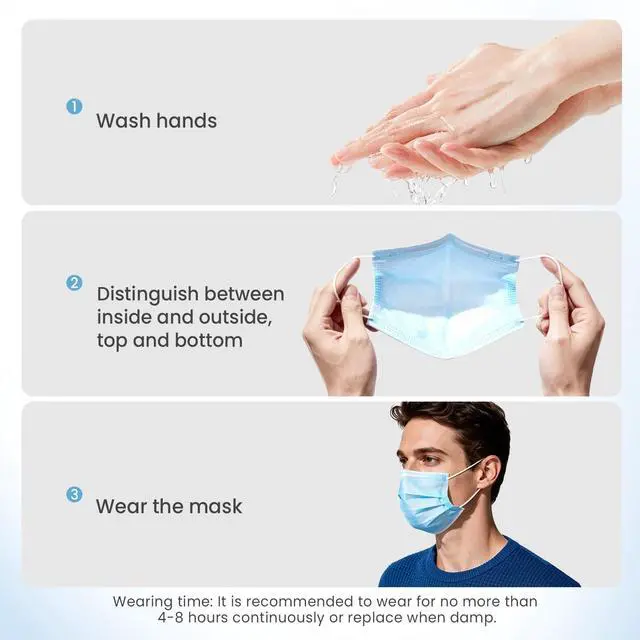 Alt view image 5 of 7 - Disposable Face Masks 100 Pack, 3-Ply Breathable Masks with Soft Comfortable Earloops, Adjustable Nose Clip for Office, Travel, School & Public Use, Blue