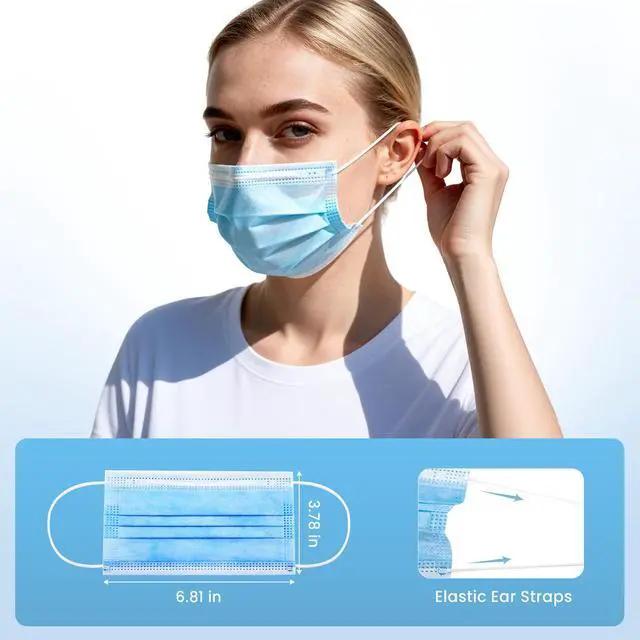 Alt view image 4 of 7 - Disposable Face Masks 100 Pack, 3-Ply Breathable Masks with Soft Comfortable Earloops, Adjustable Nose Clip for Office, Travel, School & Public Use, Blue