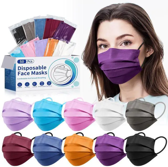 Main image of Disposable Face Mask for Adults - 4 Ply Protection, Individually Wrapped 50 Pack, 10 Colors, Breathable Comfortable & Safe