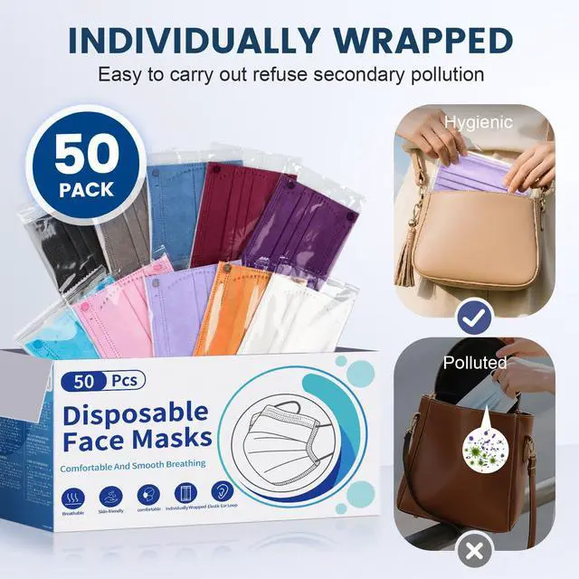 Alt view image 7 of 7 - Disposable Face Mask for Adults - 4 Ply Protection, Individually Wrapped 50 Pack, 10 Colors, Breathable Comfortable & Safe