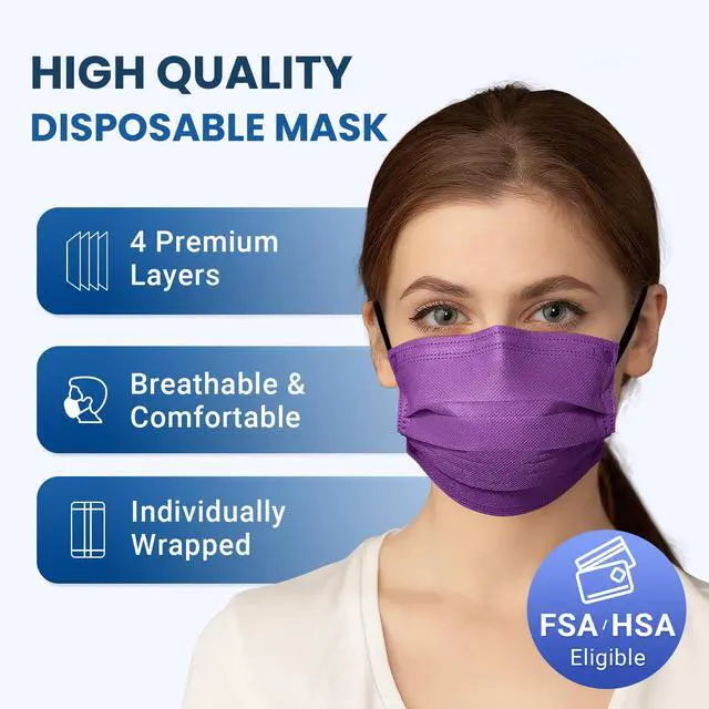 Alt view image 2 of 7 - Disposable Face Mask for Adults - 4 Ply Protection, Individually Wrapped 50 Pack, 10 Colors, Breathable Comfortable & Safe