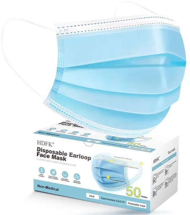 Main image of Face Mask Disposable Adults 3Ply Non-Woven with Nose Clip Ear Loop Blue 50Pack