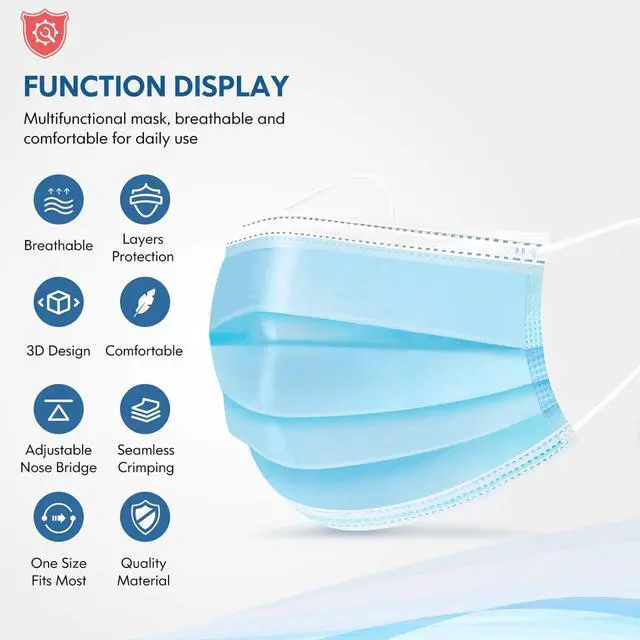 Alt view image 2 of 6 - Face Mask Disposable Adults 3Ply Non-Woven with Nose Clip Ear Loop Blue 50Pack