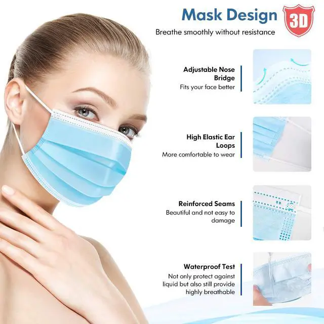 Alt view image 5 of 6 - Face Mask Disposable Adults 3Ply Non-Woven with Nose Clip Ear Loop Blue 50Pack