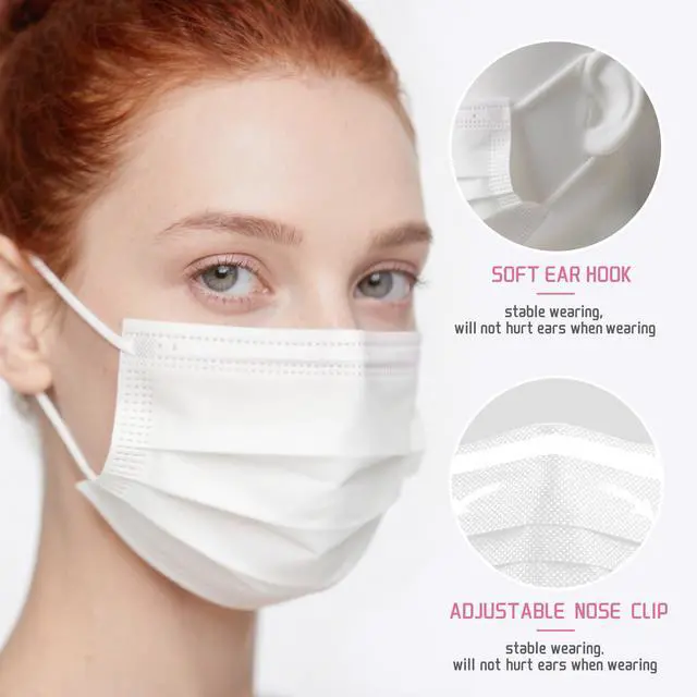 Alt view image 2 of 5 - White Disposable Face Masks 100 Pack,3-Ply Breathable Mask For Adults,Great For Outdoors,Home, Office, School