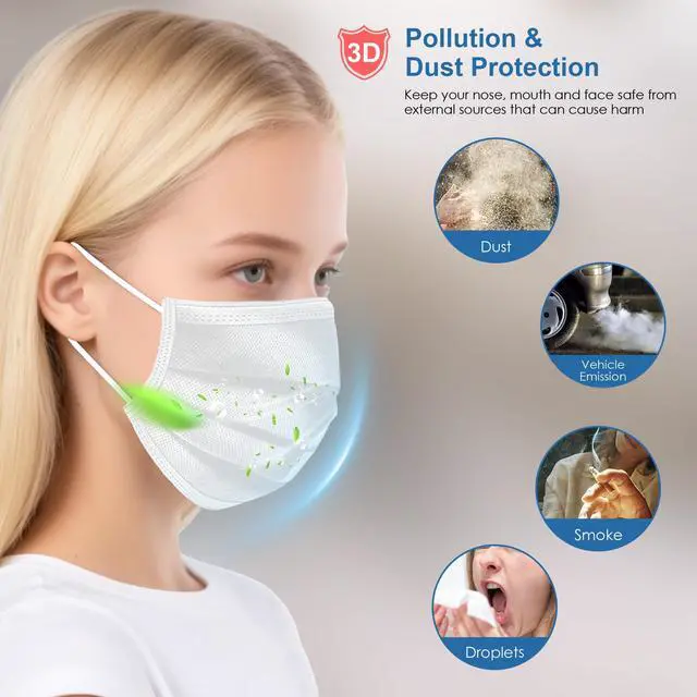 Alt view image 4 of 5 - White Disposable Face Masks 100 Pack,3-Ply Breathable Mask For Adults,Great For Outdoors,Home, Office, School