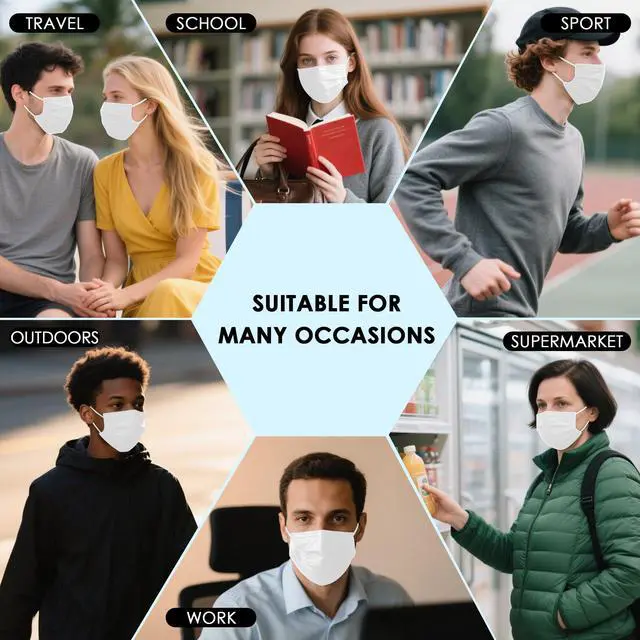 Alt view image 5 of 5 - White Disposable Face Masks 100 Pack,3-Ply Breathable Mask For Adults,Great For Outdoors,Home, Office, School