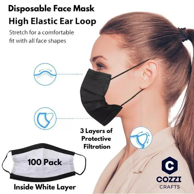 Alt view image 2 of 7 - Black Face Masks Disposable 100 Pack 3 Ply Facemask with White Inside, Dust & Allergy Mask, 3 Layer Adult Breathable