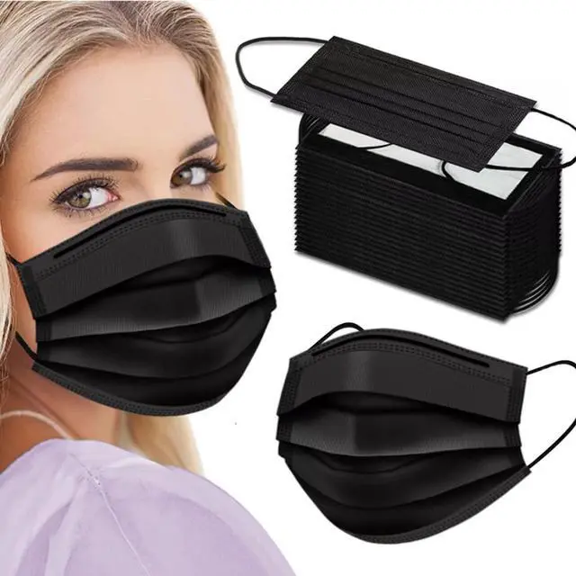 Main image of Black Face Masks Disposable 100 Pack 3 Ply Facemask with White Inside, Dust & Allergy Mask, 3 Layer Adult Breathable
