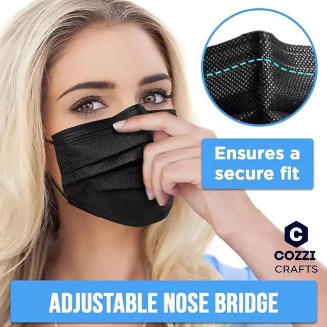 Alt view image 3 of 7 - Black Face Masks Disposable 100 Pack 3 Ply Facemask with White Inside, Dust & Allergy Mask, 3 Layer Adult Breathable