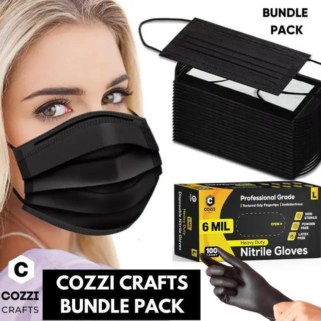 Alt view image 7 of 7 - Black Face Masks Disposable 100 Pack 3 Ply Facemask with White Inside, Dust & Allergy Mask, 3 Layer Adult Breathable