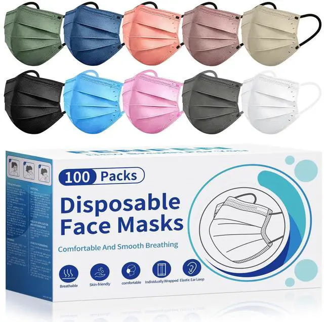 Main image of Disposable Face Masks for Adults - 100 Pack Individually Wrapped, 4 Ply Protection, Fashion 10 Colors Facemask, Breathable and Comfortable Safety Lightweight Masks Disposable for Women & Men