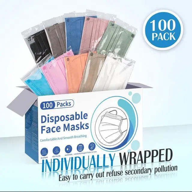 Alt view image 4 of 7 - Disposable Face Masks for Adults - 100 Pack Individually Wrapped, 4 Ply Protection, Fashion 10 Colors Facemask, Breathable and Comfortable Safety Lightweight Masks Disposable for Women & Men