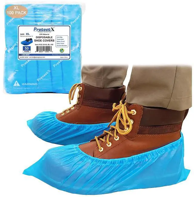 Main image of Disposable Shoe & Boot Covers, XL Extra Large, 100-pack (50 pairs), Waterproof, Slip Resistant, Durable CPE plastic, Fits up to Mens 14 US Size and All Womens US Size Shoes