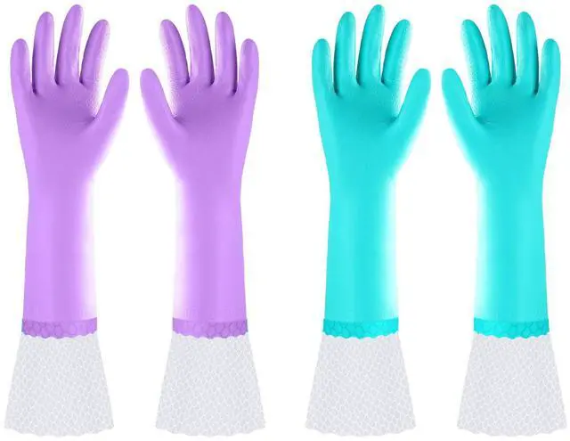 Main image of Reusable Long Dishwashing Cleaning Gloves with Latex Free, Long Cuff,Cotton Lining,Kitchen Gloves 2 Pairs,Purple+Blue Medium