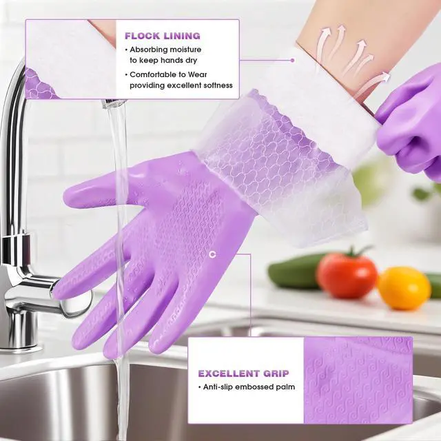 Alt view image 2 of 7 - Reusable Long Dishwashing Cleaning Gloves with Latex Free, Long Cuff,Cotton Lining,Kitchen Gloves 2 Pairs,Purple+Blue Medium