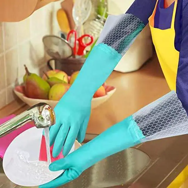 Alt view image 7 of 7 - Reusable Long Dishwashing Cleaning Gloves with Latex Free, Long Cuff,Cotton Lining,Kitchen Gloves 2 Pairs,Purple+Blue Medium
