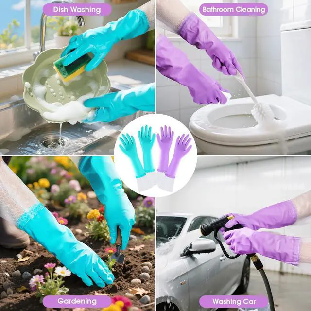 Alt view image 6 of 7 - Reusable Long Dishwashing Cleaning Gloves with Latex Free, Long Cuff,Cotton Lining,Kitchen Gloves 2 Pairs,Purple+Blue Medium