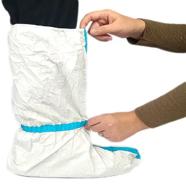 Alt view image 5 of 6 - Hazmat Boot and Shoe Covers 6 Pairs Disposable Knee High Booties Non-slip and Waterproof White 18 inches Tall