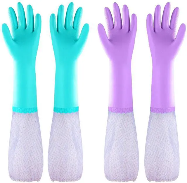 Main image of Reusable Long Sleeve Dishwashing Cleaning Gloves with Latex Free,Cotton Lining,Kitchen Gloves 2 Pairs,Purple+Blue M