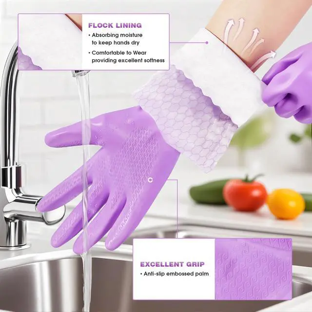 Alt view image 2 of 7 - Reusable Long Sleeve Dishwashing Cleaning Gloves with Latex Free,Cotton Lining,Kitchen Gloves 2 Pairs,Purple+Blue M