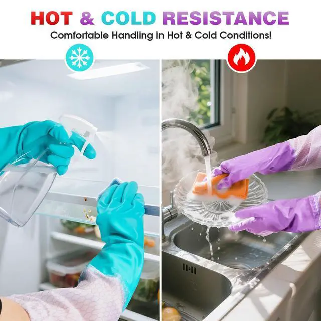 Alt view image 4 of 7 - Reusable Long Sleeve Dishwashing Cleaning Gloves with Latex Free,Cotton Lining,Kitchen Gloves 2 Pairs,Purple+Blue M