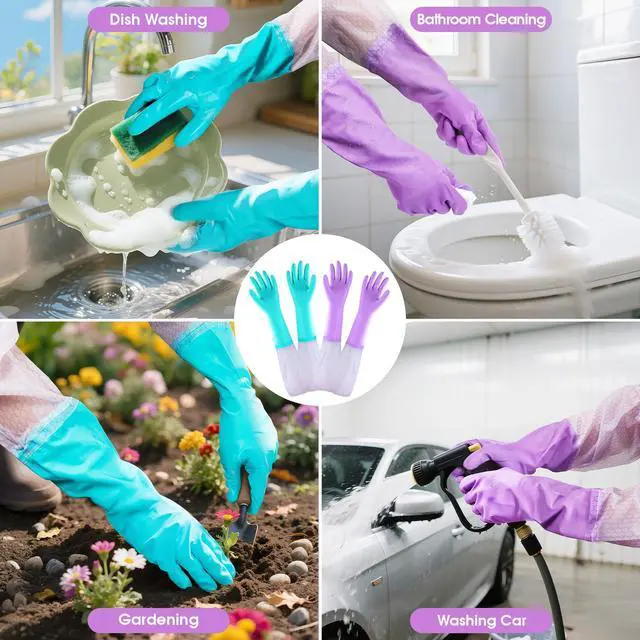 Alt view image 6 of 7 - Reusable Long Sleeve Dishwashing Cleaning Gloves with Latex Free,Cotton Lining,Kitchen Gloves 2 Pairs,Purple+Blue M