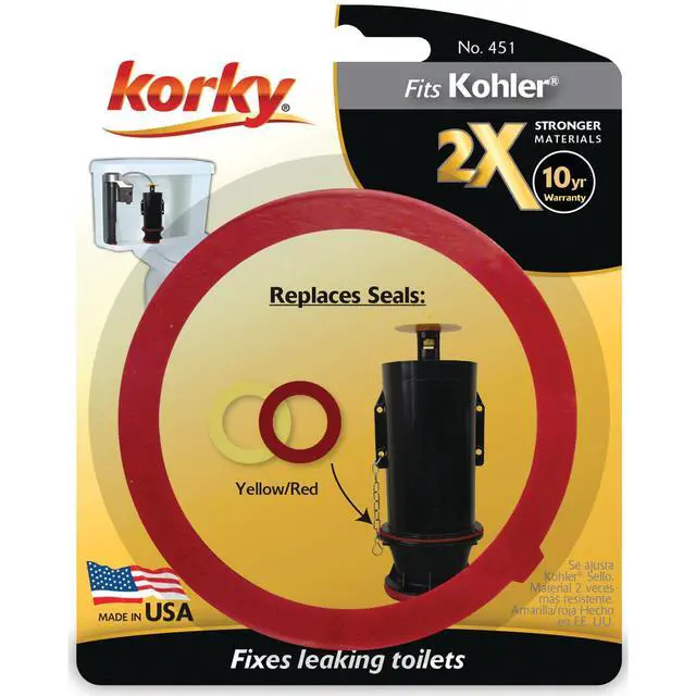 Main image of 2X Long Life Toilet Flush Valve Seal Fits Kohler - Fixes Leaking Tower Style Flush Valves and Hard-to-Flush Toilets - Easy to Install - Made in USA- 451, Red
