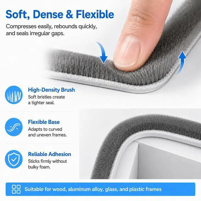 Alt view image 5 of 6 - 20FT Brush Weather Stripping, Self-Adhesive Pile Door Seal Strip for Sliding Doors and Windows, Felt Weatherstrip Draft Stopper, Soundproof Dustproof Window Gap Seal, Gray