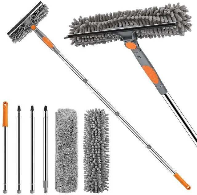 Main image of Window Squeegee with Extension Pole 2-in-1 Window Cleaning Kit Professional Window Cleaner Tool with Rotatable Head and 2 Scrubbers for Outdoor Indoor Car Windows Glass, Grey Orange