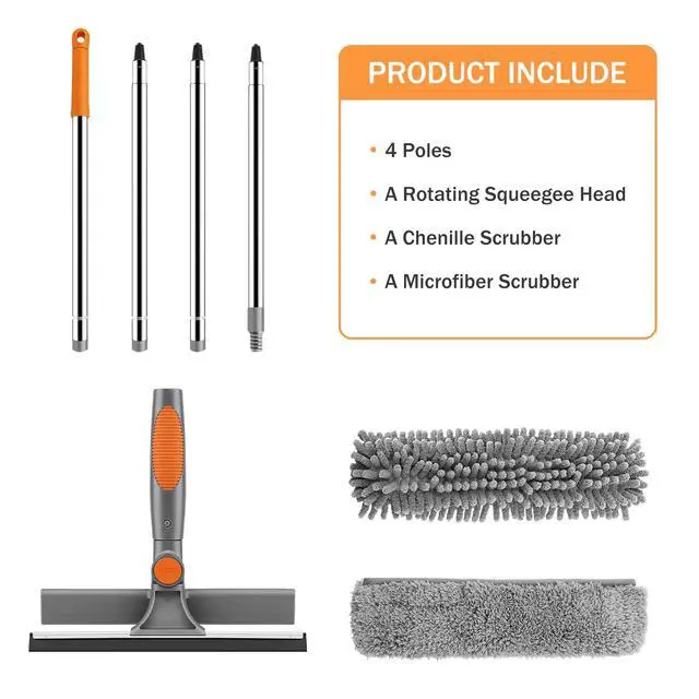 Alt view image 4 of 7 - Window Squeegee with Extension Pole 2-in-1 Window Cleaning Kit Professional Window Cleaner Tool with Rotatable Head and 2 Scrubbers for Outdoor Indoor Car Windows Glass, Grey Orange