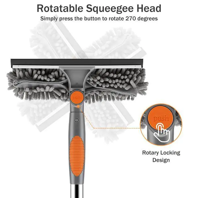 Alt view image 5 of 7 - Window Squeegee with Extension Pole 2-in-1 Window Cleaning Kit Professional Window Cleaner Tool with Rotatable Head and 2 Scrubbers for Outdoor Indoor Car Windows Glass, Grey Orange