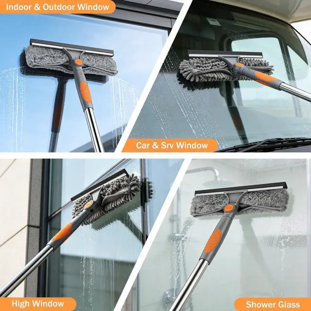 Alt view image 7 of 7 - Window Squeegee with Extension Pole 2-in-1 Window Cleaning Kit Professional Window Cleaner Tool with Rotatable Head and 2 Scrubbers for Outdoor Indoor Car Windows Glass, Grey Orange