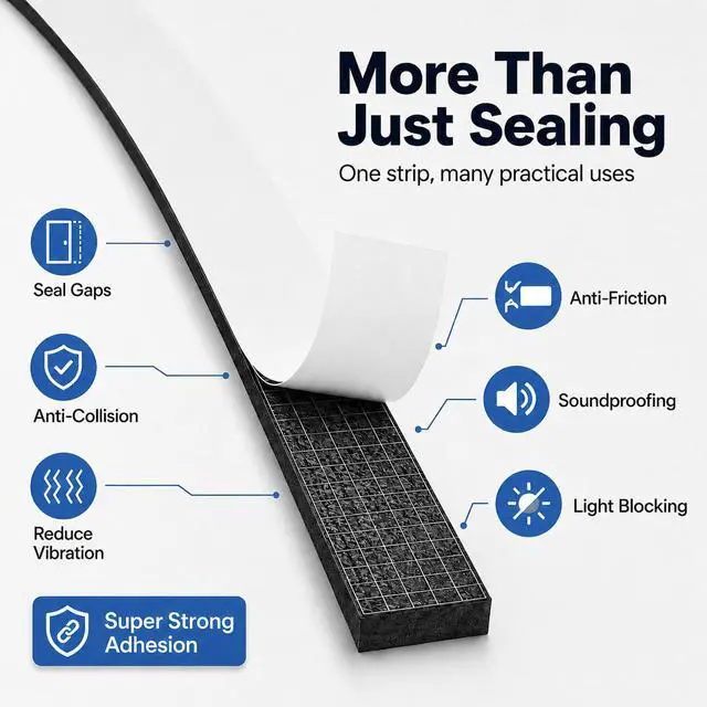 Alt view image 4 of 6 - 33FT EVA Foam Weather Stripping Door Seal, Self-Adhesive Weatherstrip Tape for Door Frame, Window Gaps, Soundproof Insulation