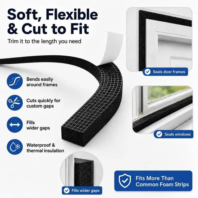 Alt view image 3 of 6 - 33FT EVA Foam Weather Stripping Door Seal, Self-Adhesive Weatherstrip Tape for Door Frame, Window Gaps, Soundproof Insulation