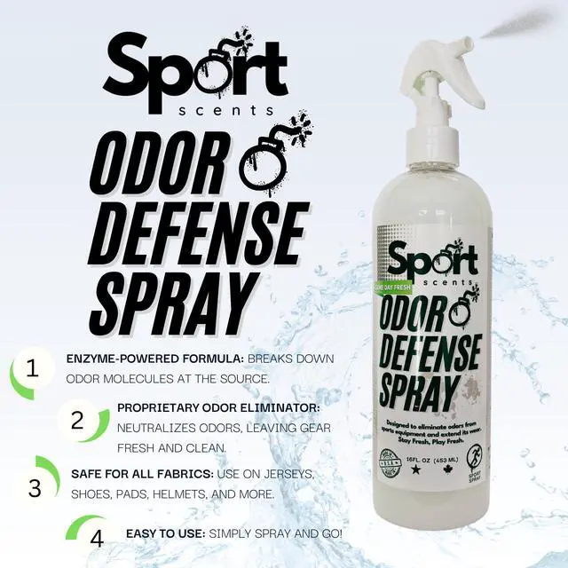 Alt view image 2 of 4 - Odor Defense Spray - Sports Gear Odor Eliminator & Deodorizer - Neutralizer & Refresher Spray for Sports Equipment, Sportswear, Shoes, Athletic Jerseys, & Outdoor Gear - 16 Fl Oz