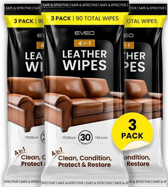 Main image of Leather Cleaner Wipes 4-in-1 Leather Cleaner and Conditioner for Furniture - Leather Couch Cleaner, Car, Shoes & Purses UV Protection, XL Moistened Wipes Restore & Protect 3 Pack (90 Total)