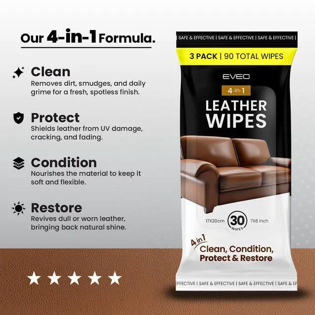 Alt view image 6 of 7 - Leather Cleaner Wipes 4-in-1 Leather Cleaner and Conditioner for Furniture - Leather Couch Cleaner, Car, Shoes & Purses UV Protection, XL Moistened Wipes Restore & Protect 3 Pack (90 Total)