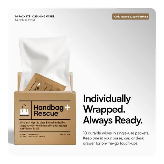 Alt view image 4 of 7 - HandBagRescue All-Natural Cleaning Wipes. Remove Dirt & Surface Stains & Conditions Leather Handbags with Essential Oil. Box of 10 Individually Wrapped Wipes.